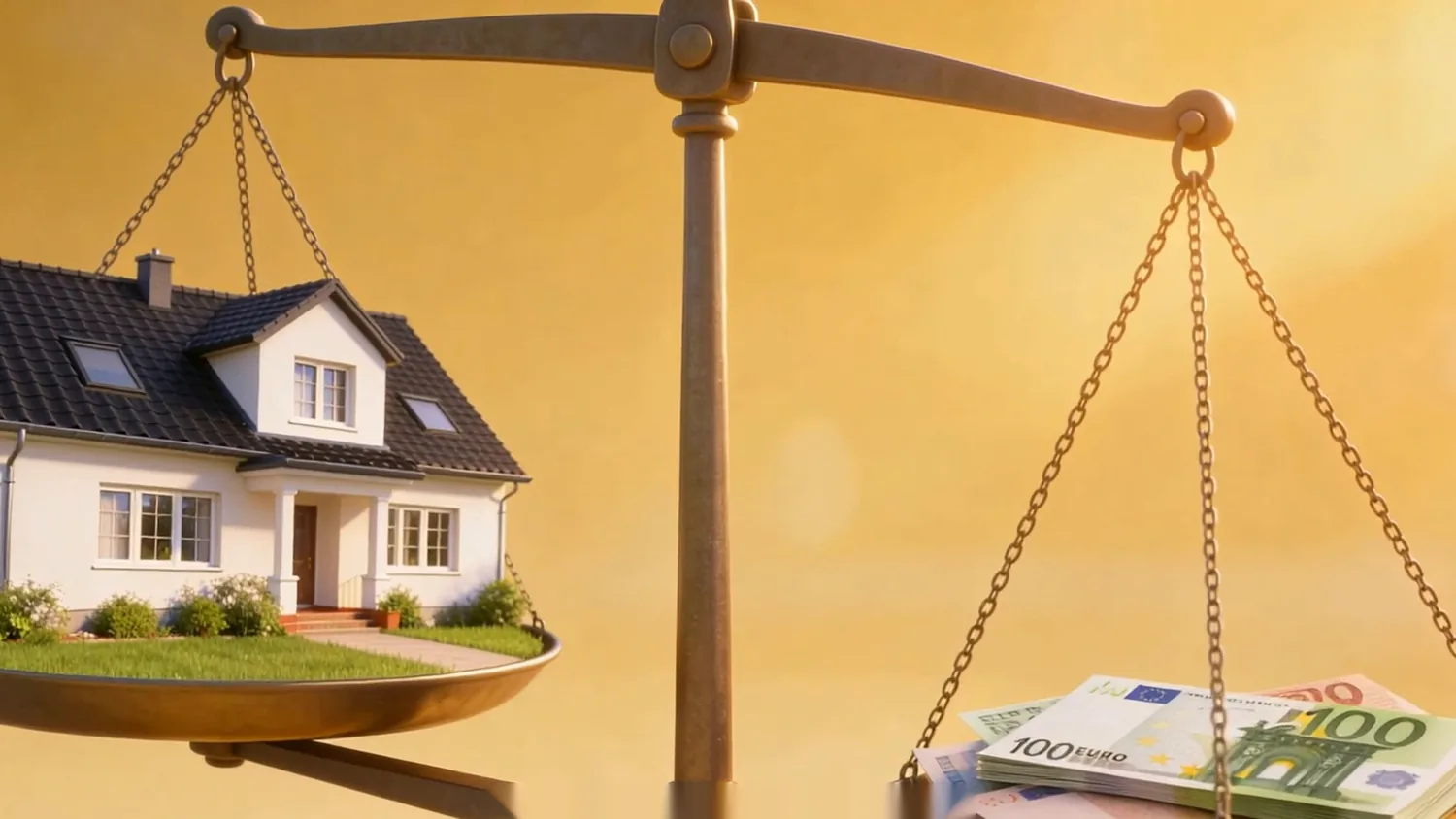Waage im Sonnenlicht: auf der einen Schale ein Einfamilienhaus, auf der anderen ein Stapel Euro-Geldscheine