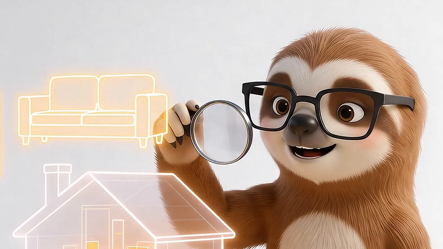 Sloothy-Maskottchen betrachtet ein leuchtendes Haus-Hologramm durch eine Lupe