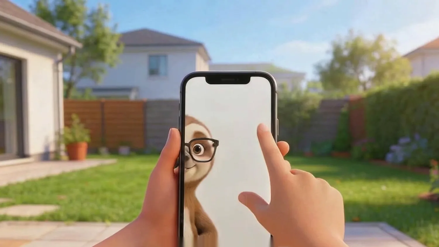 Blick über die Schulter einer Eigentümerin auf ihr Smartphone im Garten, auf dem Sloothy die Bewertung startet