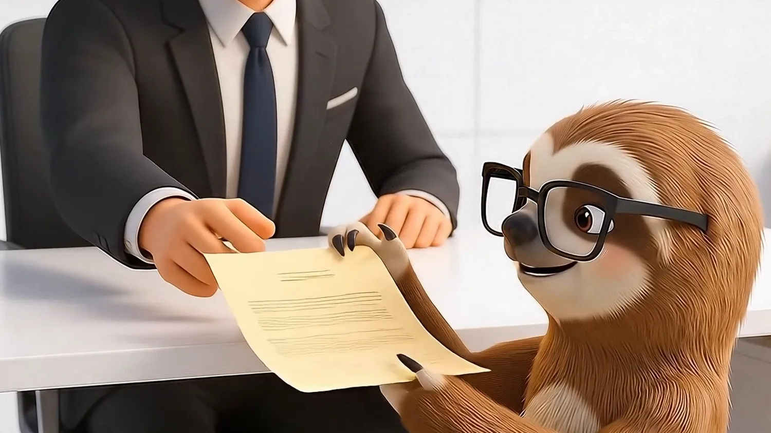 Sloothy-Maskottchen mit Brille nimmt am Besprechungstisch ein Vertragsdokument von einem Mann im Anzug entgegen