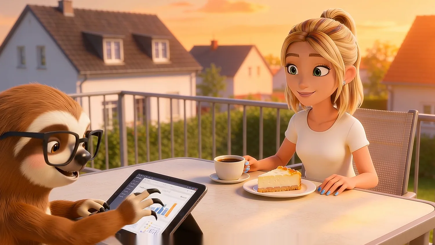 Sloothy und eine Eigentümerin sitzen am Balkontisch und schauen zufrieden auf die Auswertung auf dem Tablet